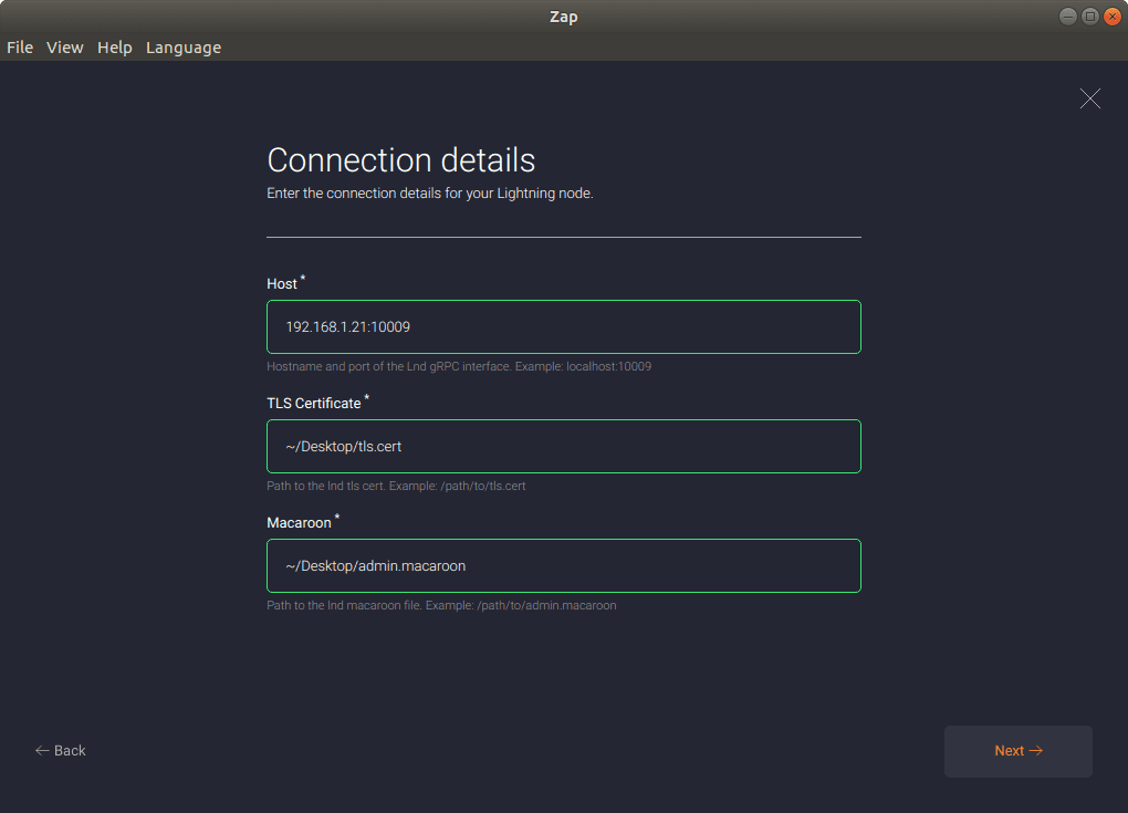 A screenshot of the Zap connection details screen.
