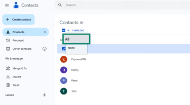 All selects all contacts in Google Contacts.