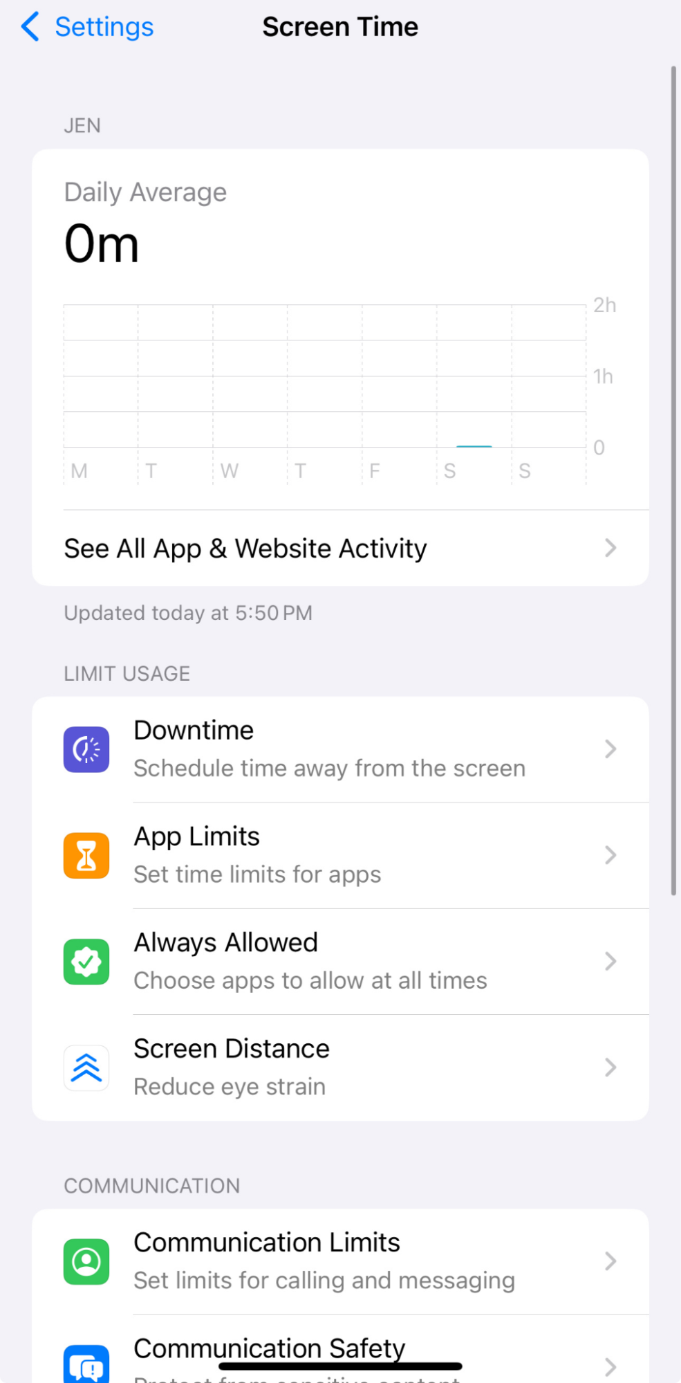 Screen Time dashboard with app and website activity summary