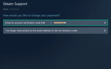 A Steam Support page. The email account verification code option is highlighted.