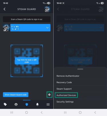 Two Android screenshots side by side showing the Steam Mobile app The first image shows the Steam Guard tab, and the gear icon is highlighted. The second image shows the Steam Guard settings menu, and the "Authorized Devices" option is highlighted.