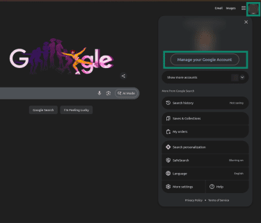 Where to find a Google account's settings menu.