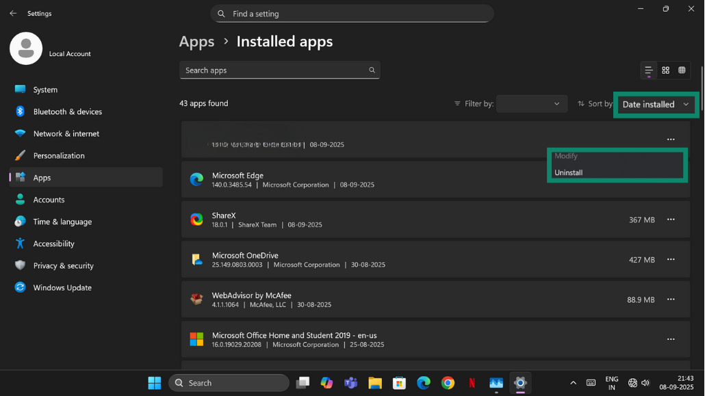 Windows 11 Installed apps list showing Chrome, Edge, and McAfee.