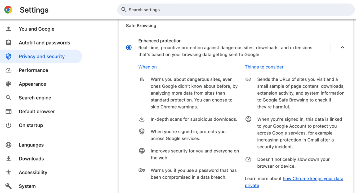 Screenshot of how to activate Enhanced Protection mode using Google Chrome