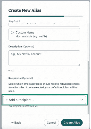 New Alias modal showing the Recipients section with Add a recipient highlighted.