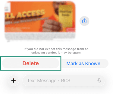 iPhone message from an unknown sender with Delete and Mark as Known options.