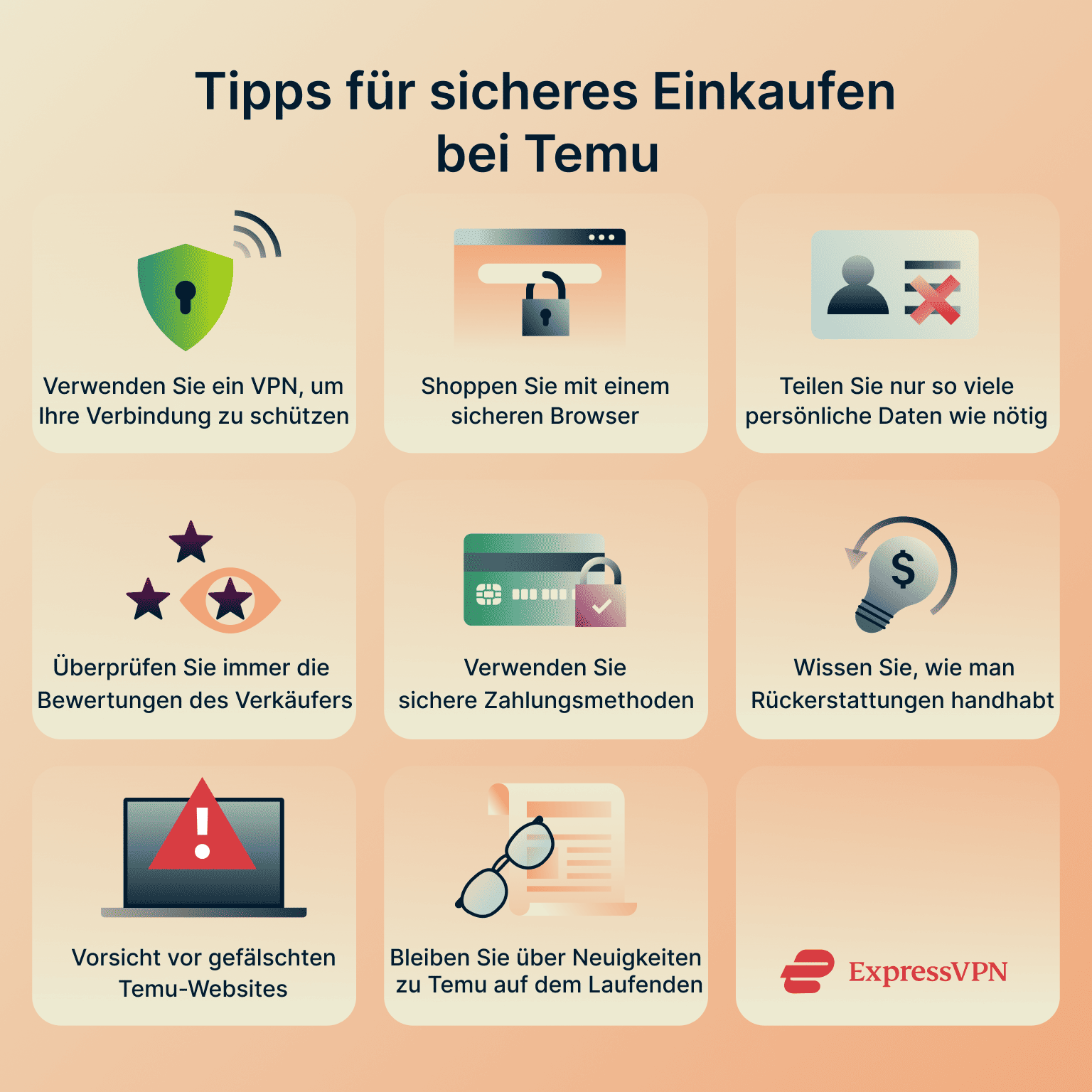 Infographic showing the top tips for safe shopping on Temu