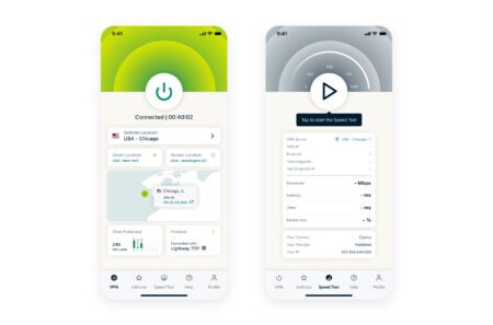 Screenshot of the ExpressVPN mobile app displaying the fresh new look with several new features, including a map and speed test.