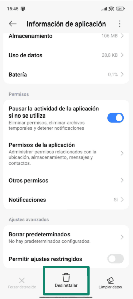 The Uninstall button on an Android phone.