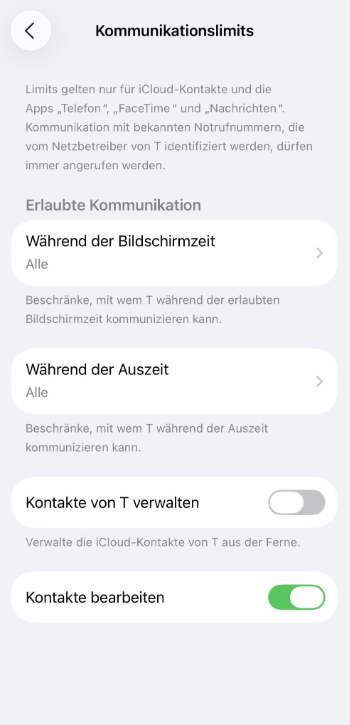 Contact restrictions configured for child’s iPhone.