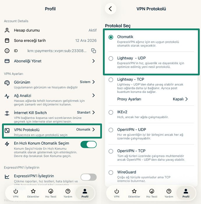 On the left: ExpressVPN profile settings showing account status, VPN protocol, and account actions; on the right: VPN Protocol settings screen with Automatic selected and Lightway protocol options displayed.