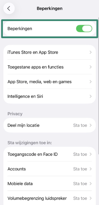 iOS screen showing Content & Privacy Restrictions toggled on.