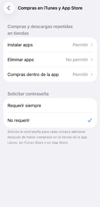 iTunes & App Store settings with app deletion disabled.