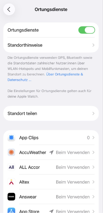 Location Services settings with app-level permissions on iPhone.