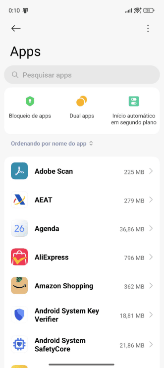Manage apps screen showing list of installed Android apps with storage size.