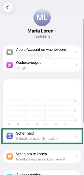 Screen Time menu opened under child’s account on iPhone.