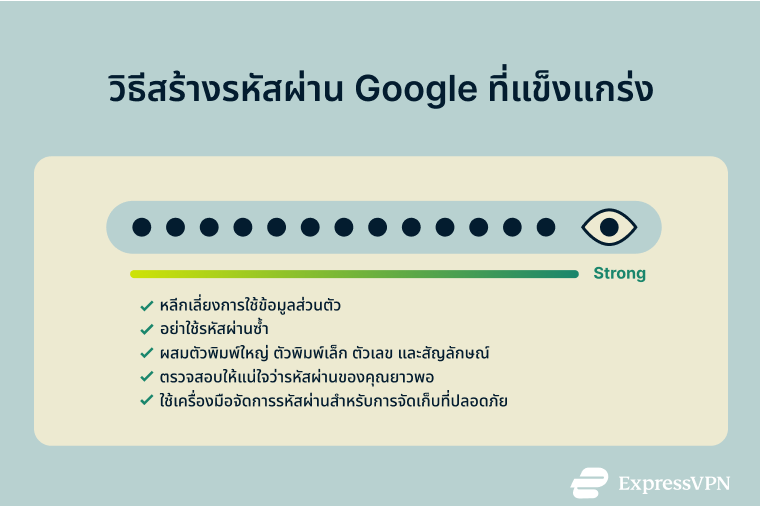Infographic showing how to create a strong Google password.