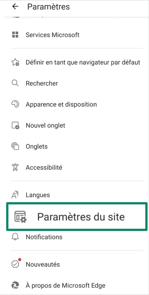 Edge browser settings screen with Site settings option highlighted.