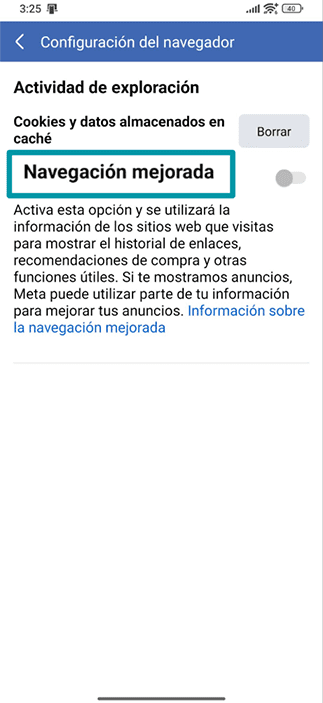 Facebook mobile app Browser settings with the Enhanced browsing toggle highlighted.