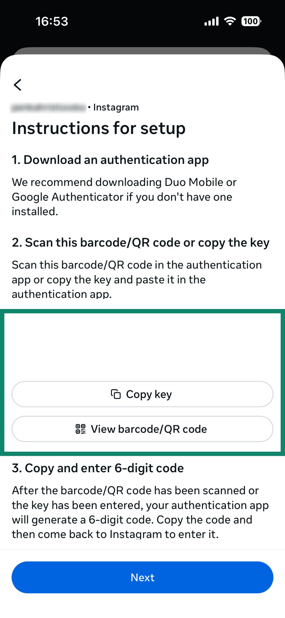 Instagram's instructions for using an authentication app for 2FA, highlighting the Copy key and QR code options.