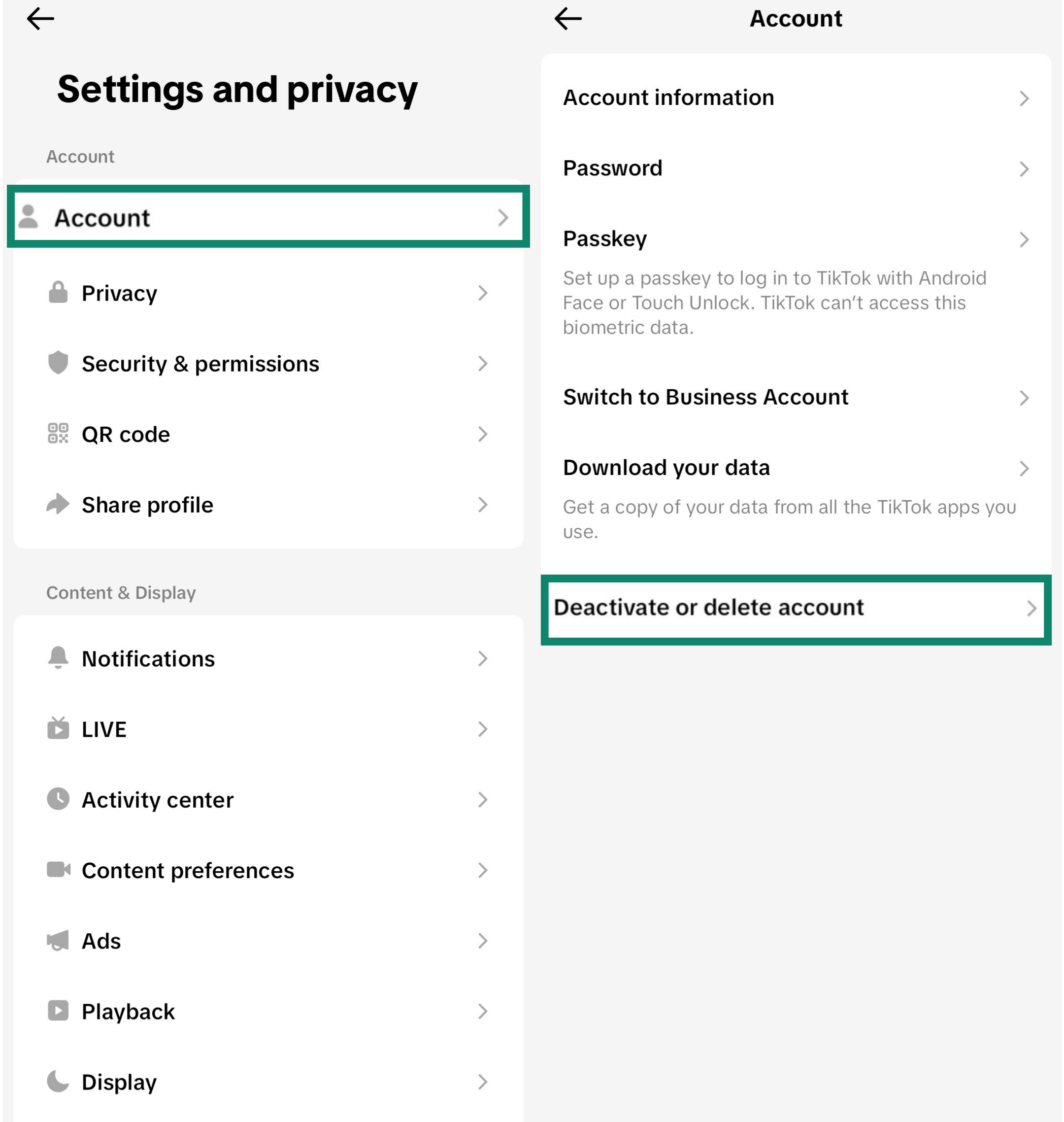 Screenshot showing how to access the Account menu in TikTok's settings (left) and deactivate or delete your account in the Account menu (right)