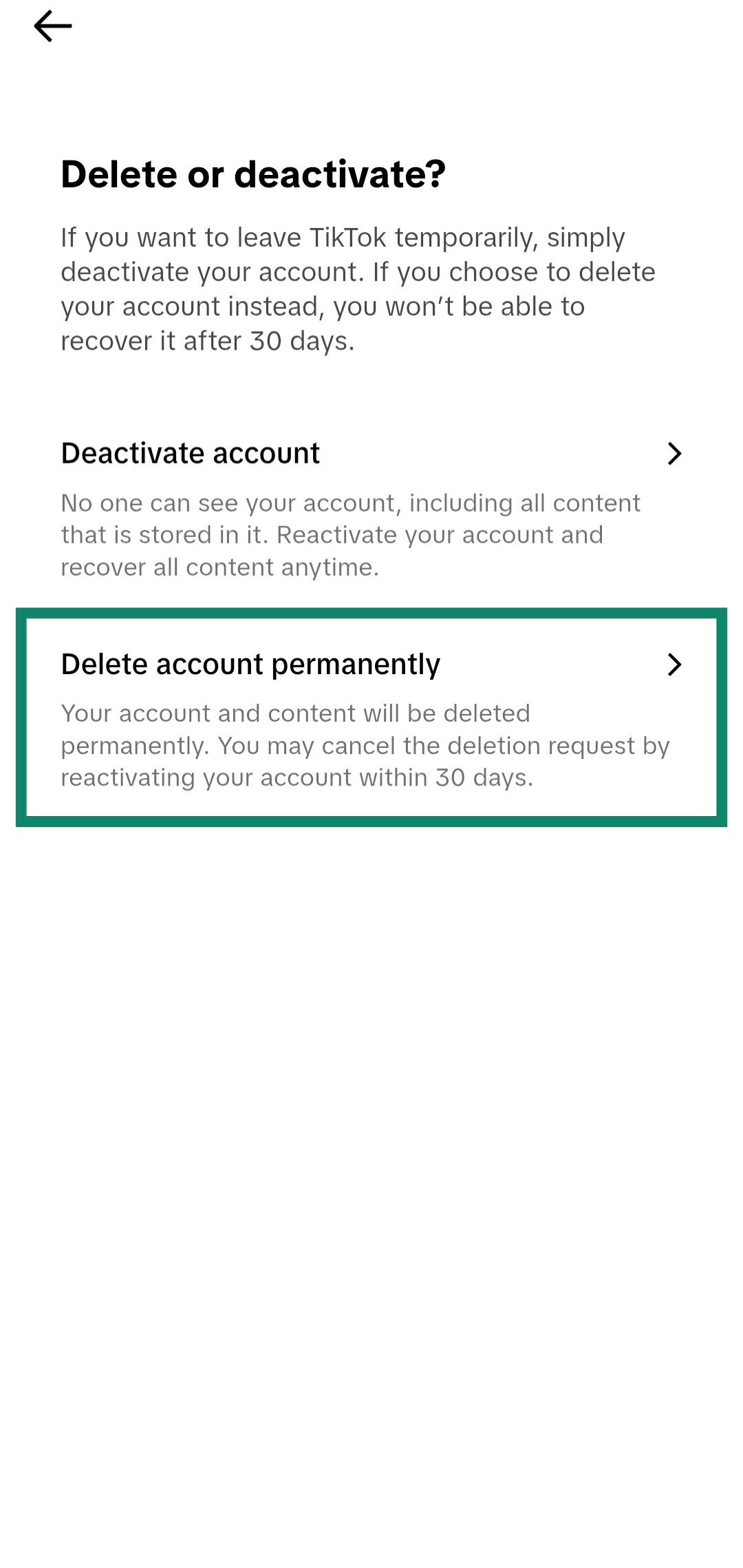 Screenshot showing how to start deleting your TikTok account on a mobile device