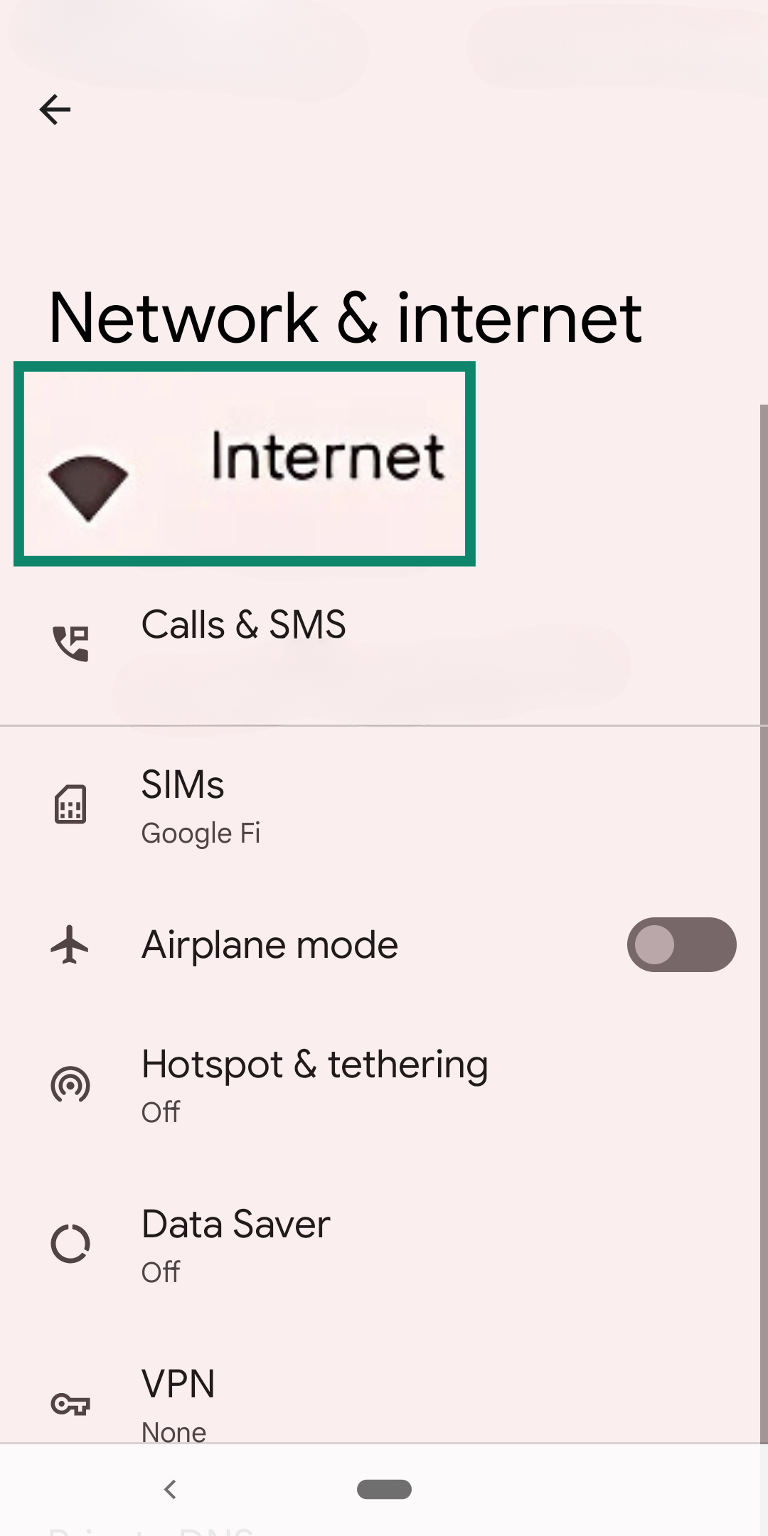 Android Network and Internet settings with the Internet option highlighted