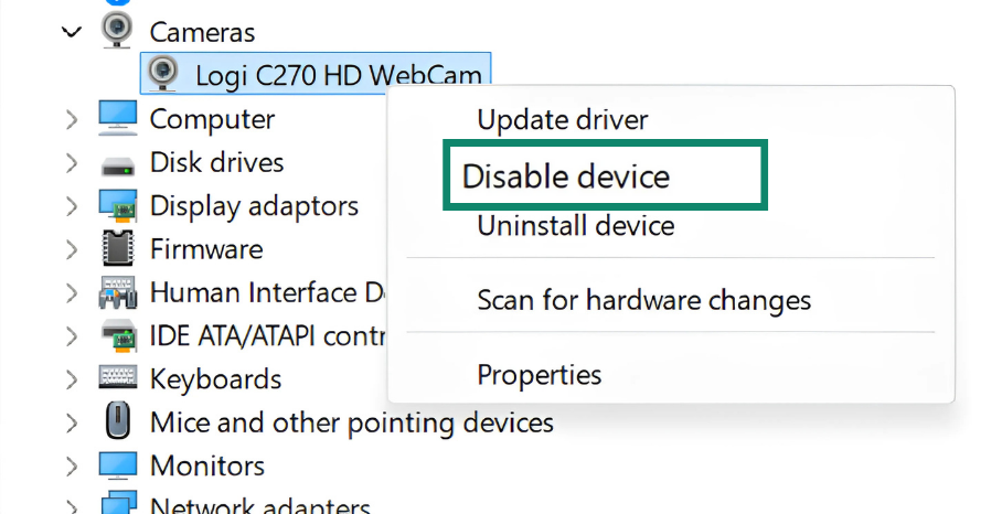 Image showing how to disable camera in Windows Device Manager.