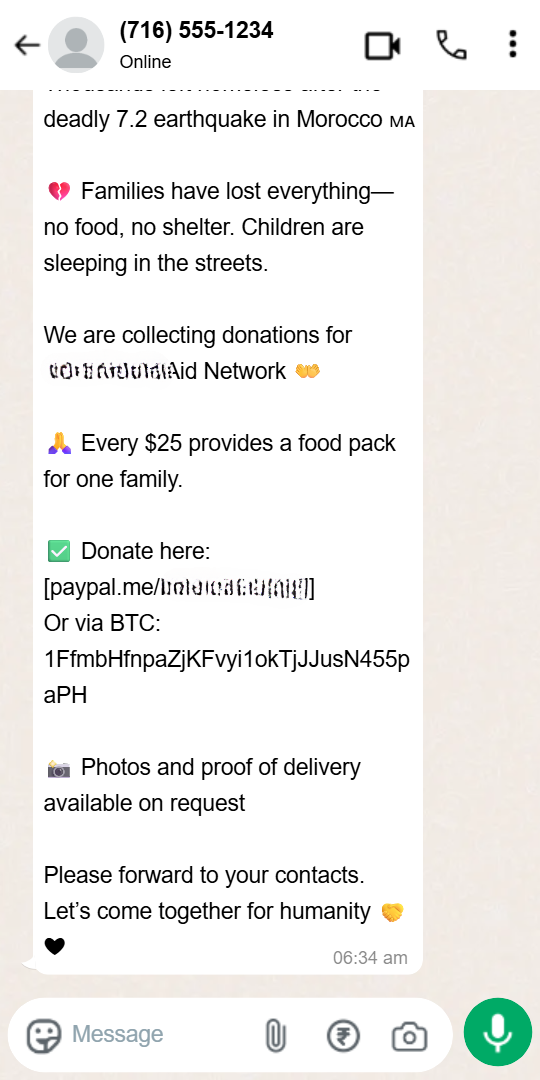 A fake charity scam on WhatsApp soliciting donations for a natural disaster. The message requests funds via PayPal and Bitcoin, both Varoitusmerkit for fraud.