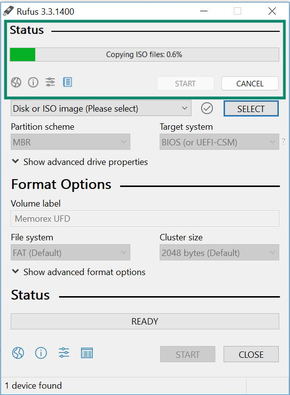 Rufus interface showing the select button with the Linux Lite ISO file visible.