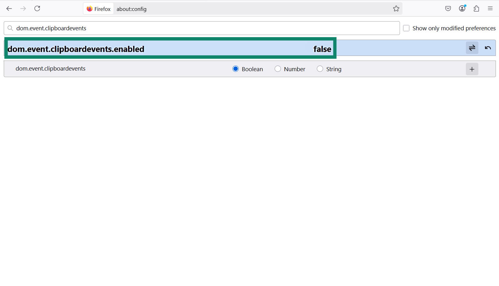The Firefox about:config menu with dom.event.clipboardevents.enabled highlighted.