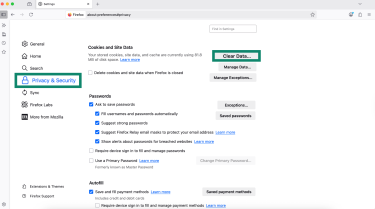 Firefox Privacy settings with Clear Data button highlighted
