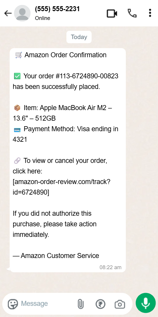 A fake Amazon order confirmation scam. The message creates panic over a fraudulent purchase to trick the user into clicking a malicious link to 'cancel' the order.
