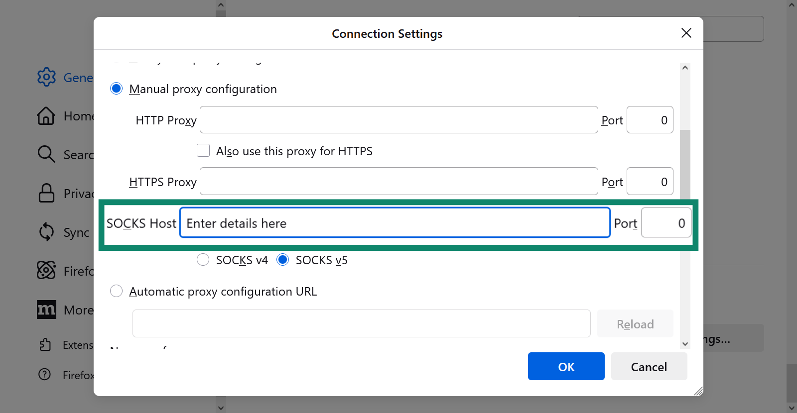 The Firefox Connection Settings menu with SOCKS Host highlighted.