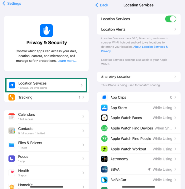 iPhone Privacy & Security settings showing Location Services menu.