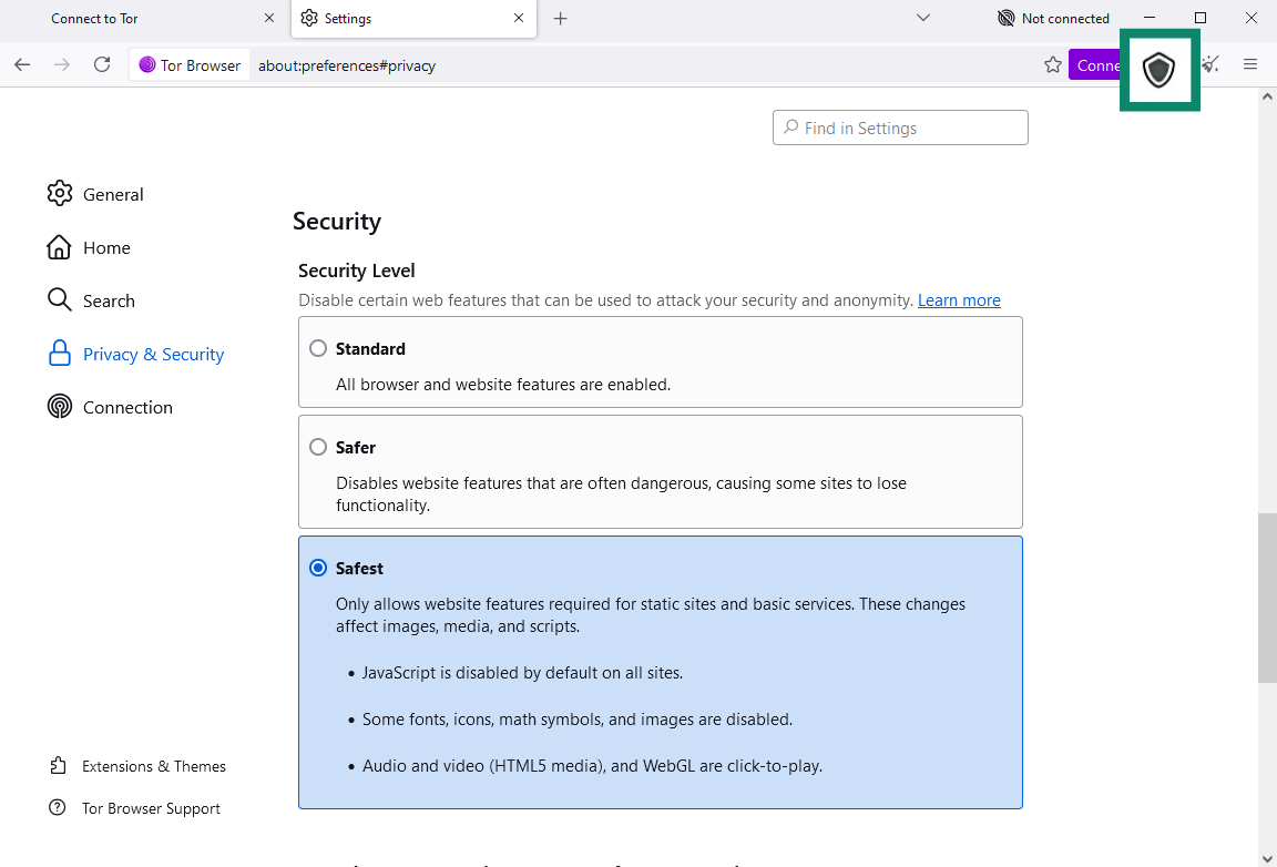 Tor browser Privacy & Security settings window with the Safest security level highlighted