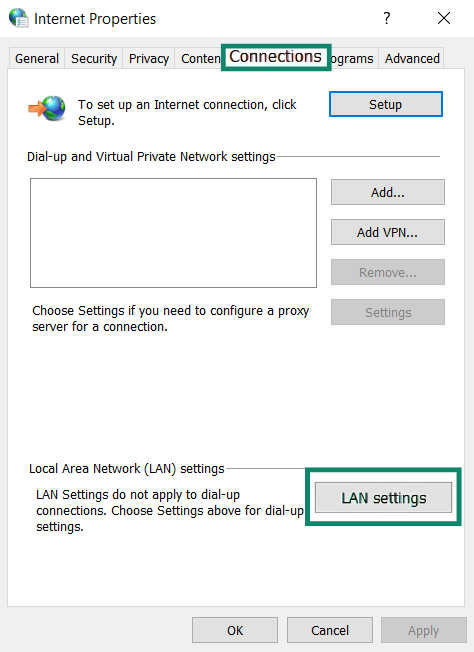 The Windows Internet Properties menu with Connections and LAN settings highlighted