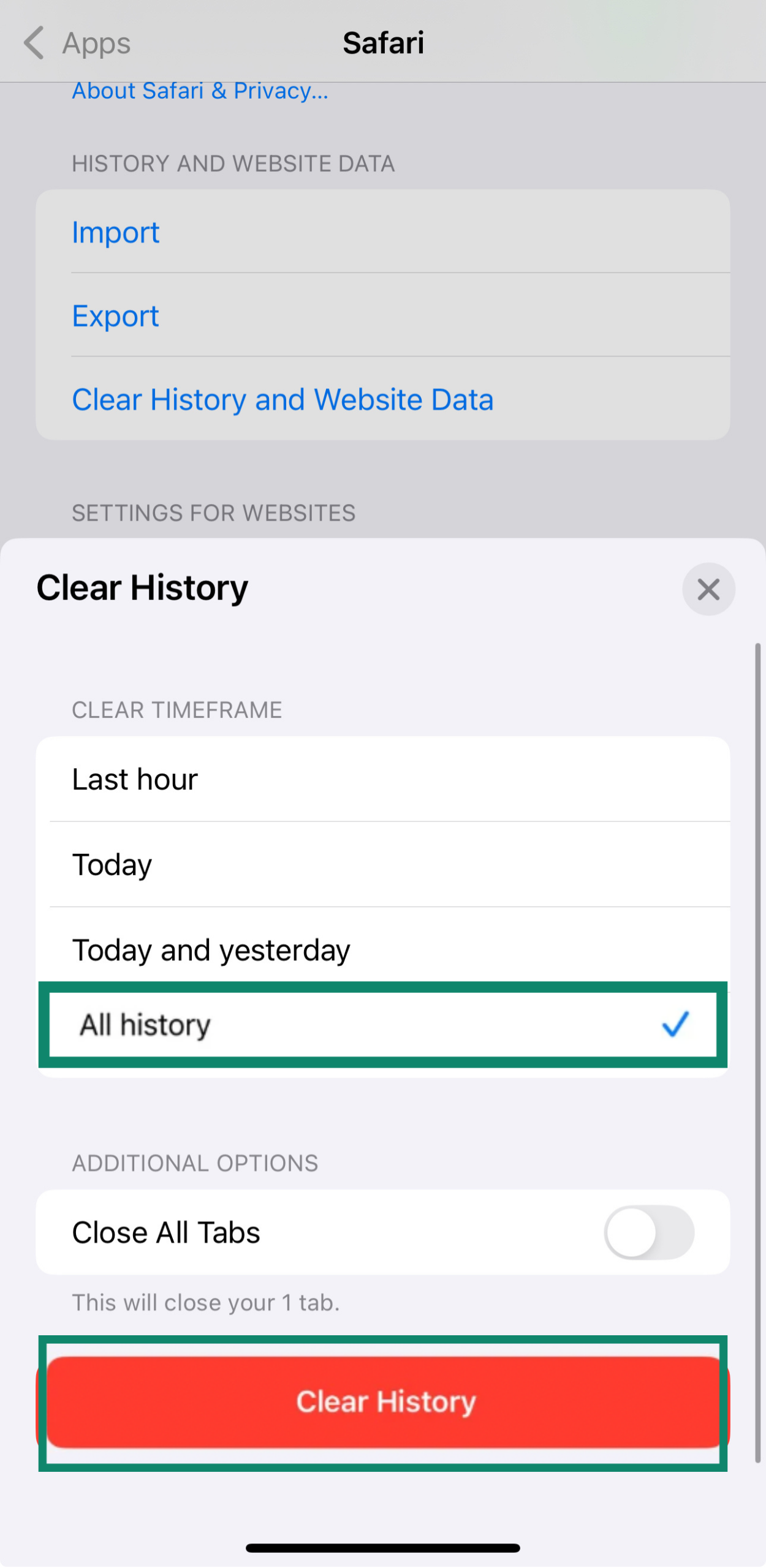 The Clear History option of an iPhone.