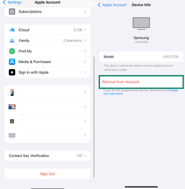 Apple Account settings showing option to remove device from account.