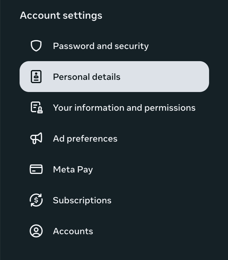 Personal details highlighted in Meta account settings via the Facebook settings dashboard.