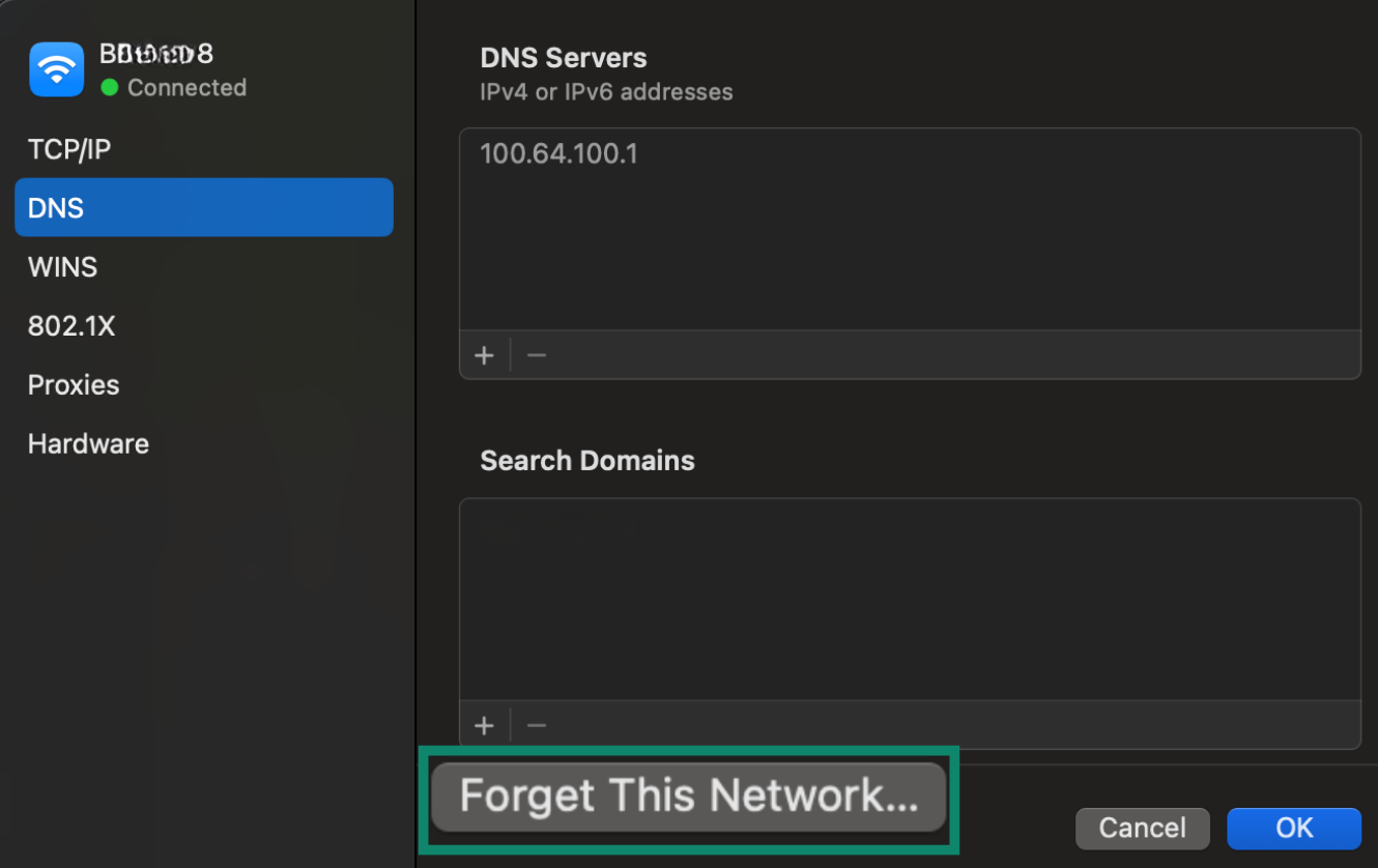 Image showing Forget This Network option in Mac DNS settings.