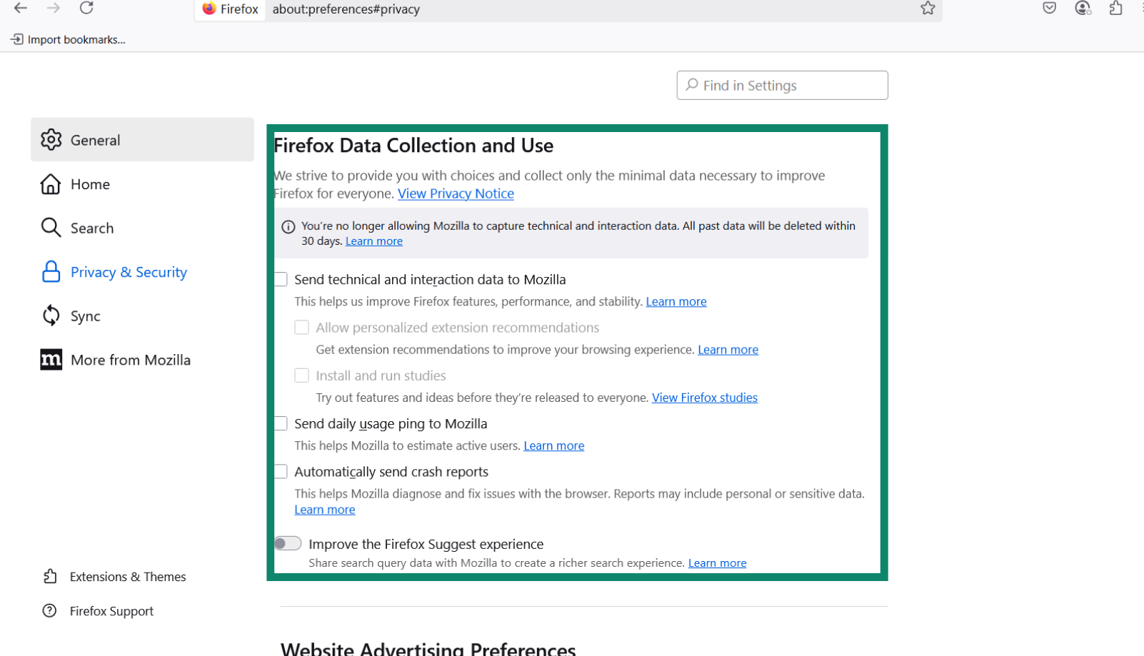 The Firefox data collection and use menu with every option toggled off.