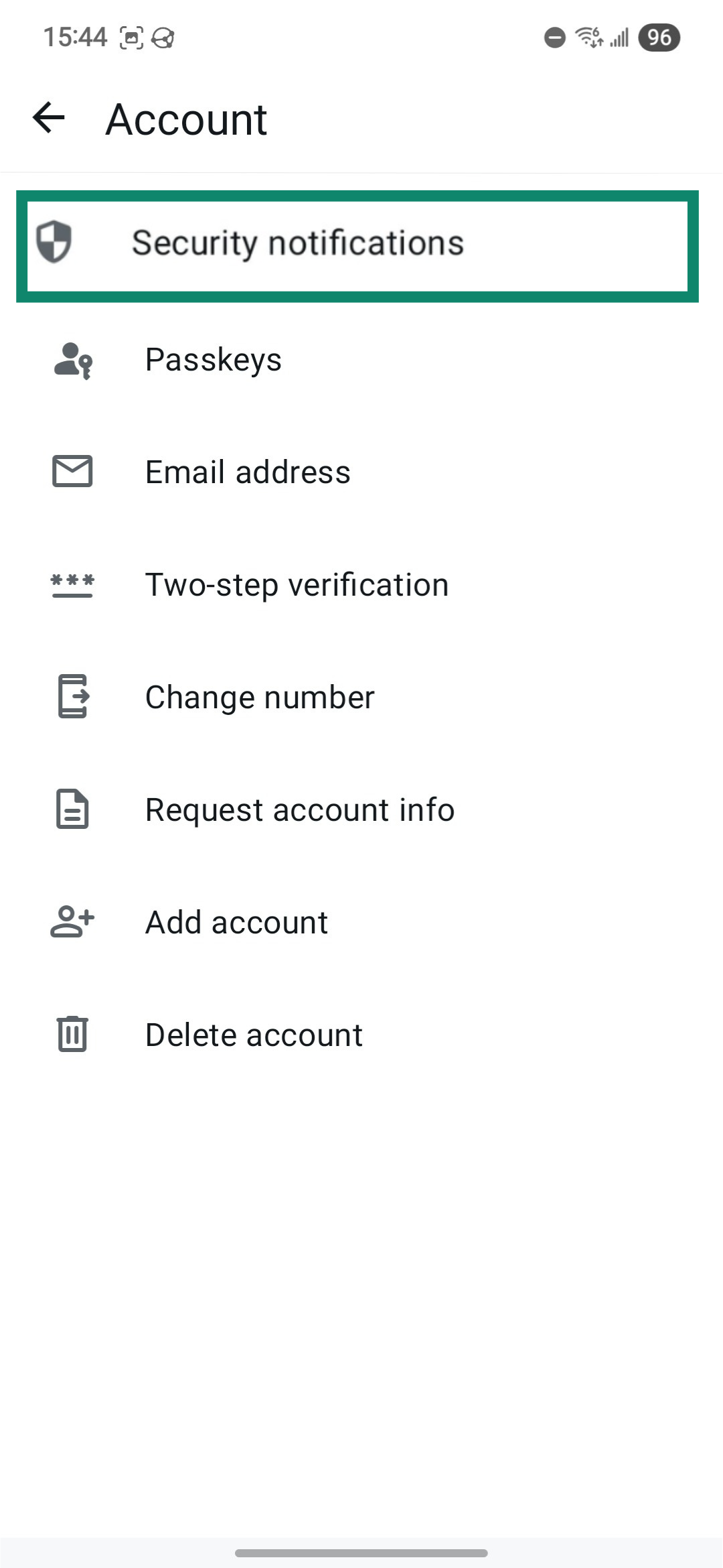 WhatsApp Security notifications option.