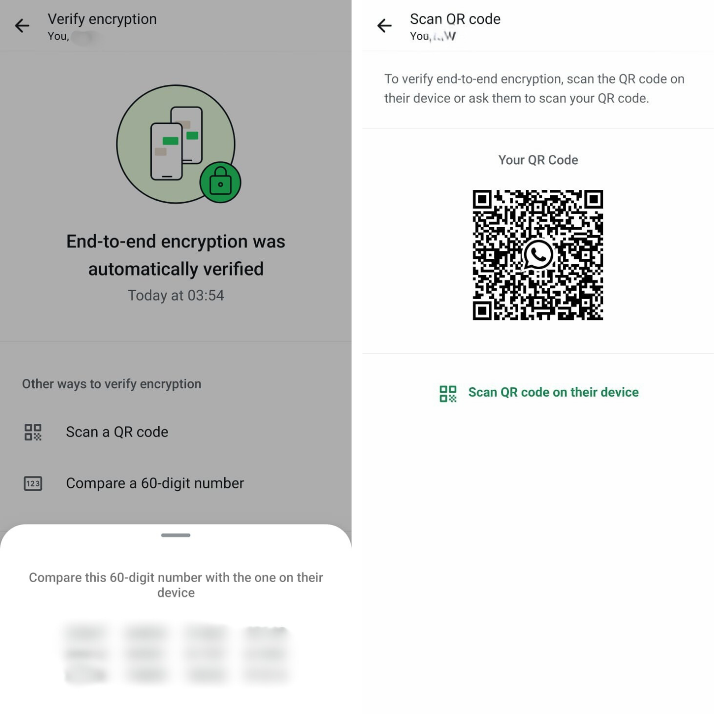 Two side-by-side screenshots showing the manual methods for verifying WhatsApp encryption. The left screen displays the 60-digit number for comparison. The right screen displays the user’s personal QR code for scanning.