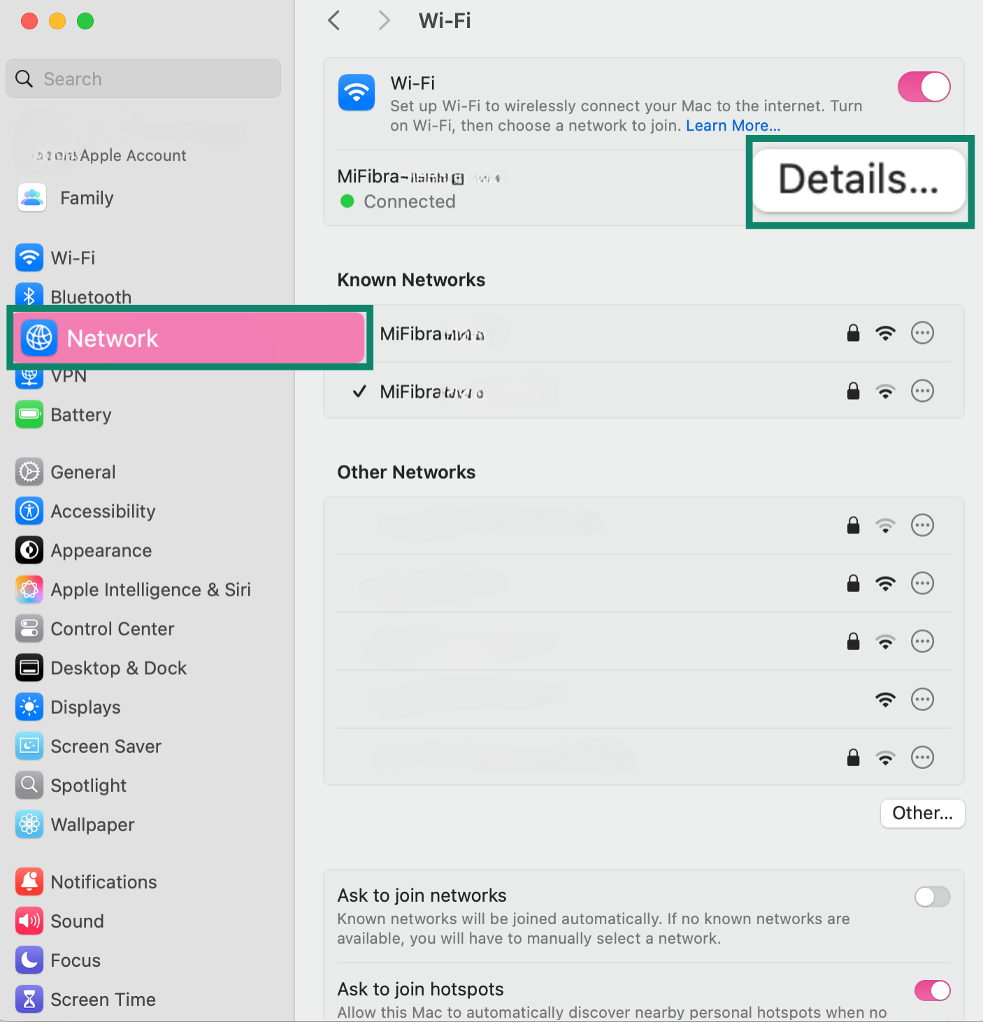 MacOS Network settings page with the Network option and the Details button highlighted