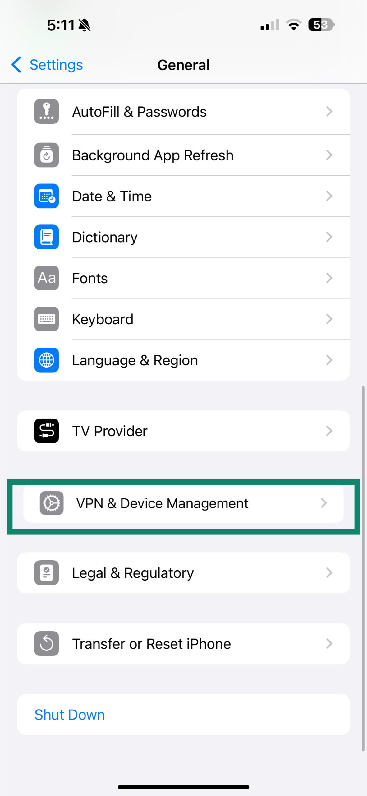 VPN & Device Management highlighted under General settings.