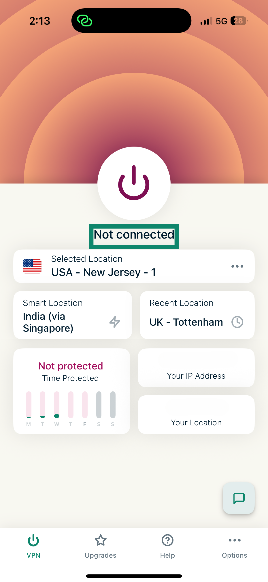 ExpressVPN iOS app interface with the VPN disconnected.