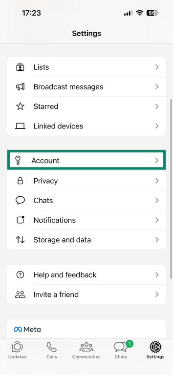 The WhatsApp app for iPhone, showing the Account option in the Settings menu.