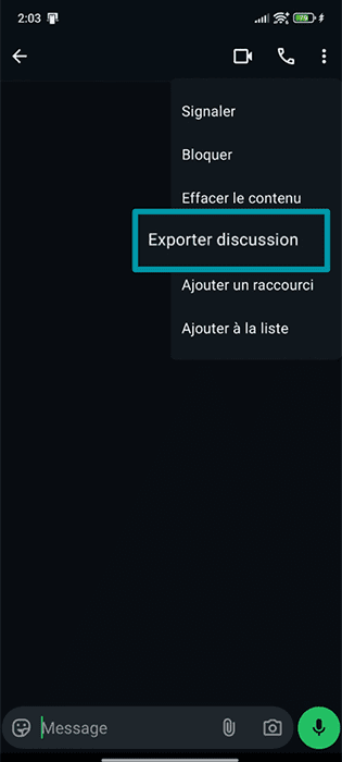 A screenshot of the WhatsApp app, showing the Export chat option.