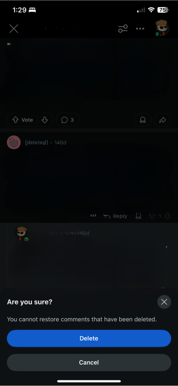 Reddit mobile comment deletion confirmation.